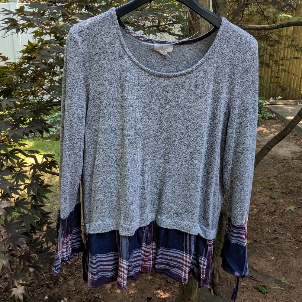 Sweater + plaid shirt twofer mixed media blouse
